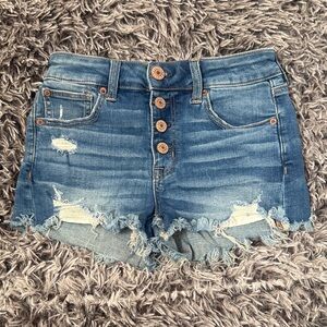American Eagle Outfitters Distressed Medium Blue Button-Fly Jean Shorts